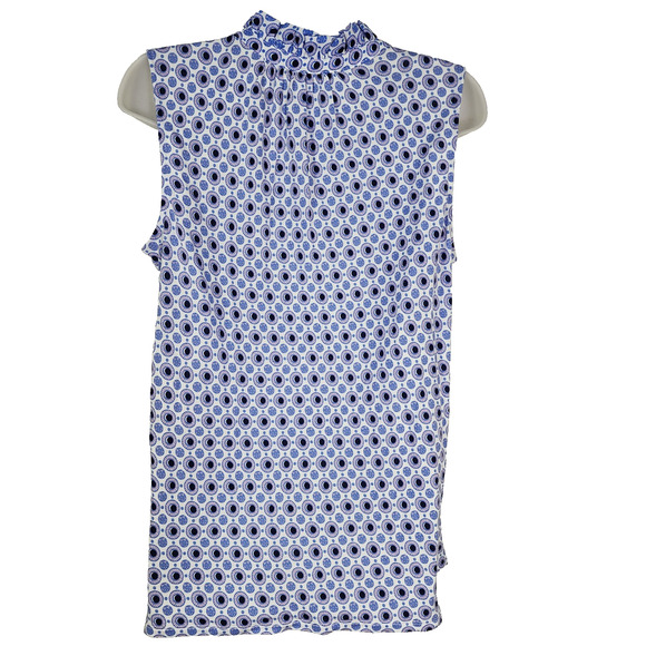 LOFT Blouse Womens Small Blue Geometric Button Popover Ruffle Neck Sleeveless - Picture 2 of 10